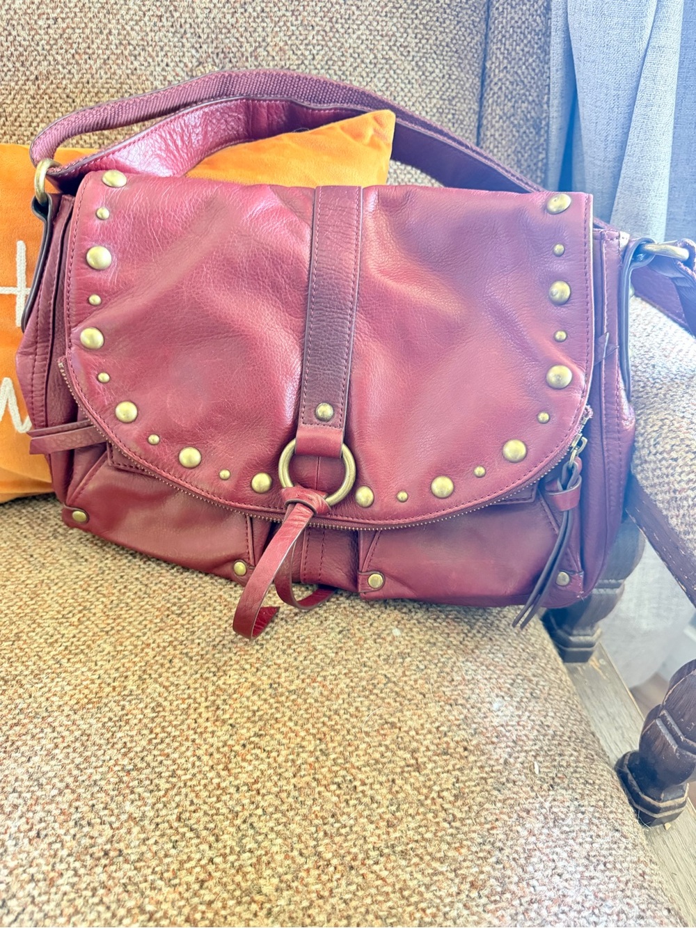 Lucky Brand Burgundy Leather Studded Crossbody Messenger Bag Boho Y2K
